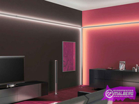 Stue design bilde - rød og svart vegger design med LED lys