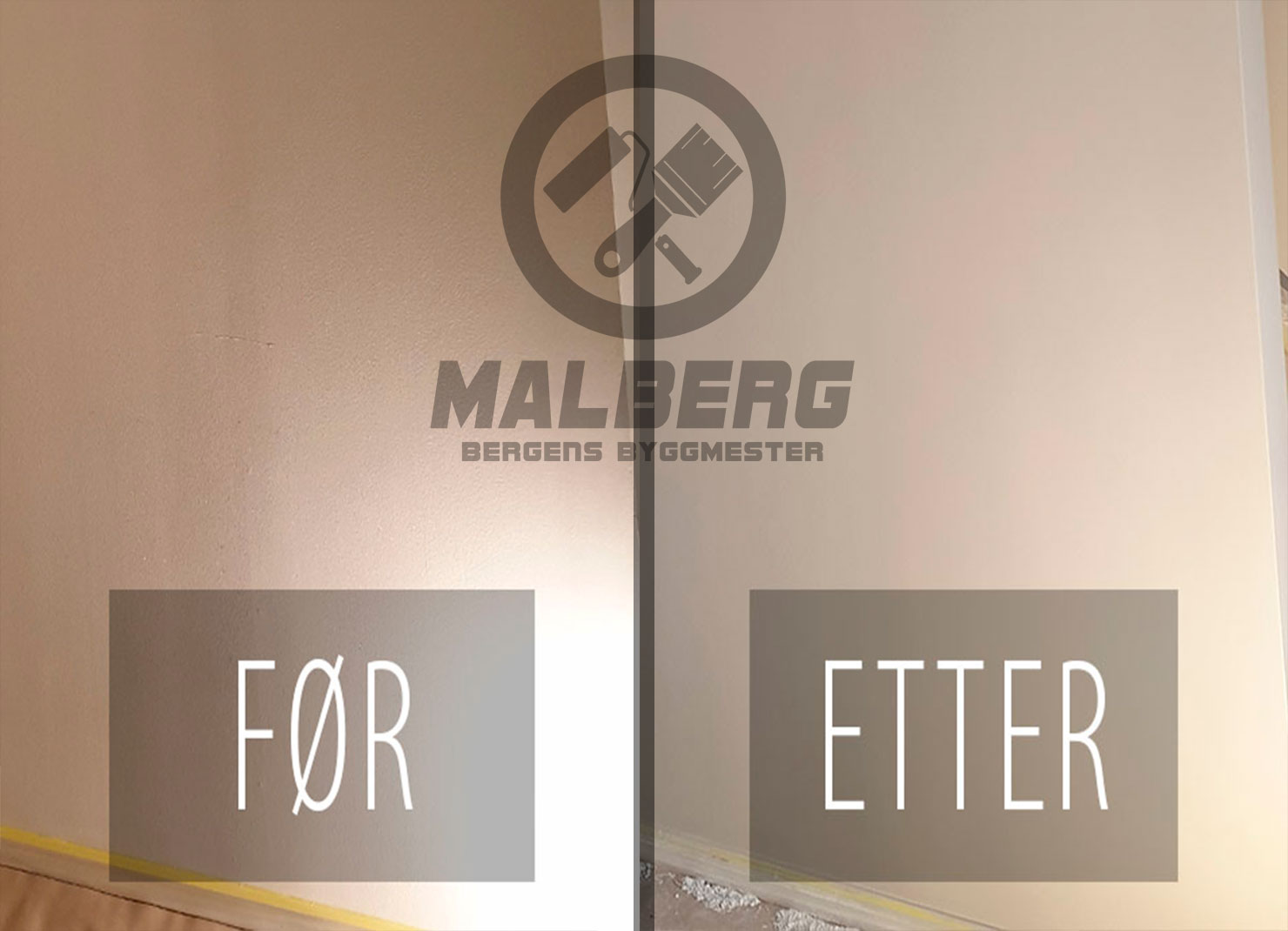 Vegg i leilighet før og etter sparkling & maling arbeid fra Malberg.no i Sædalen, Bergen!